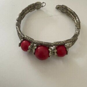 Bracelet with Red Beads and Silver colored